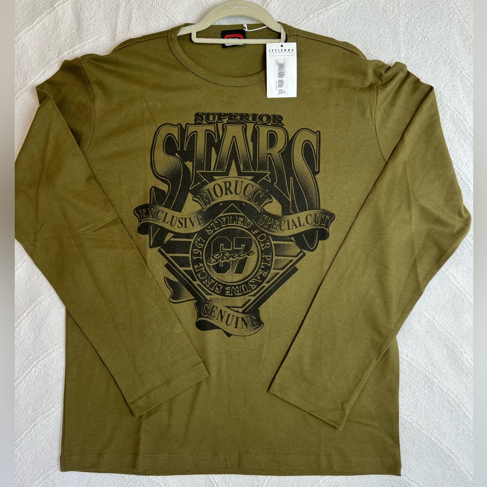 Fiorucci Man Collection Graphic Long Sleeve Tee Army Green 3XL NWT Italy